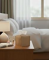 Carrot's Den PU Leather Square Tissue Box Cover with Bottom Belt - Beige Decorative Holder for Bathroom, Office, Car, Tabletop