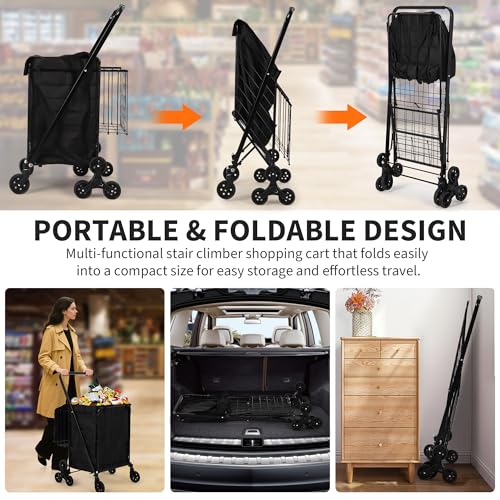 Grocery Shopping Cart, Stair Climbing Shopping with Waterproof Basket Liner & 360° Rolling Swivel Wheels, Portable Collapsible Grocery for Laundry, Luggage Camping, Black