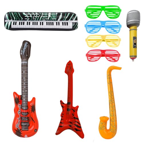 9 Stück Luftgitarren zum Aufblasen Aufblasbare Gitarre Bass Saxophon Mikrofon Keytar und Sonnenbrillen Aufblasbare Instrumente für Hochzeit Geburtstag Partys Rockstar Motto Veranstaltungen