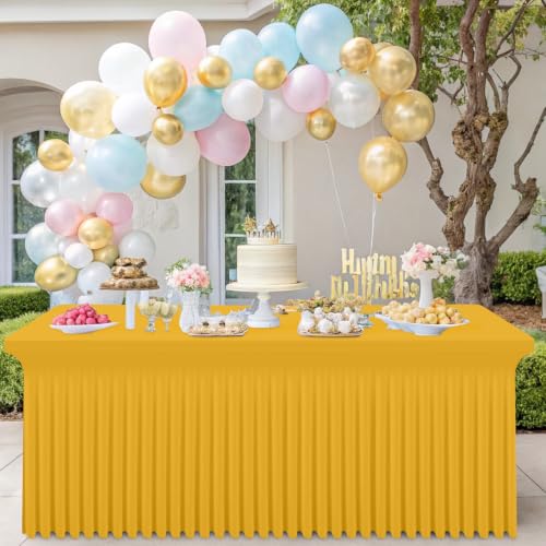 Image of Smiry Spandex Elastic Fitted Table Cloth Skirt for 8FT Rectangle Table | Stretch Washable Table Cloth, Banquet Table Cover for Wedding, Party, Indoor & Trade Shows, (Mustard Yellow, 96Lx30Wx30H)