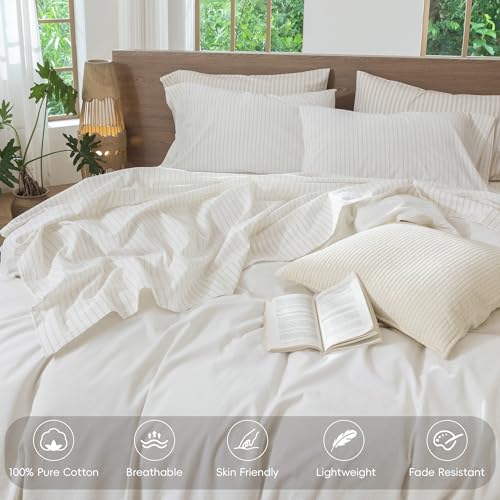 Image of MooMee Striped Sheet Set 100% Washed Cotton Linen Like Queen