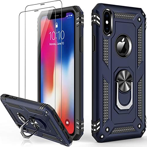 LUMARKE iPhone Xs Max Case: Military Grade, 16ft Drop Tested, with Tempered Glass Protector & Magnetic Ring Kickstand - Blue