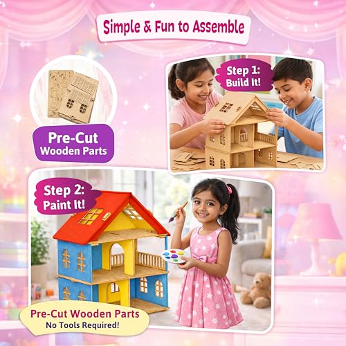 Image of Clapjoy Big DIY Wooden Toy House Gift Kit with Miniature Furniture & Paint Set - Easy Assembly Doll House for Kids, Boys Girls 3 4 5 6 7 Year - Creative Play & Learning (Dolls House)
