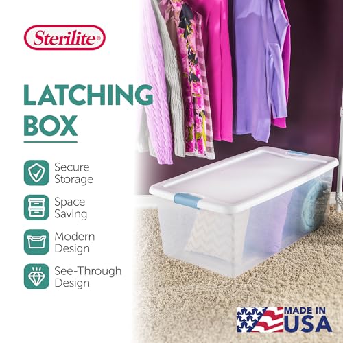 Image of Sterilite 106 Quart Latching Box, Clear Plastic Storage, White, 6 Pack | Heavy-Duty and Stackable Plastic Containers with Latches for Closet, Cabinet, Bedroom, Bathroom and Dorm Room Organization