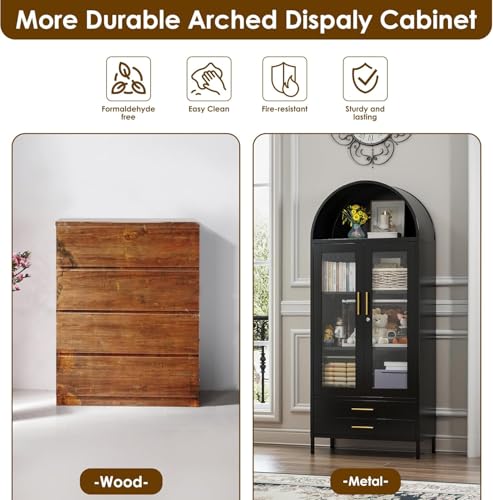 Image of 73''H Metal Arch Kitchen Pantry Cabinets, Arched Display Cabinet with Glass Doors&Drawers for Home Living Room, Assemble Required, Black