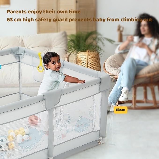 Image of Dawnwake 120 x 120 cm Small Playpen for Baby 6M-3Y, Baby Playard with Anti-Fall Grasp Rings & Safety Lock ((No Mat /No Ball, Non-Foldable)-Grey