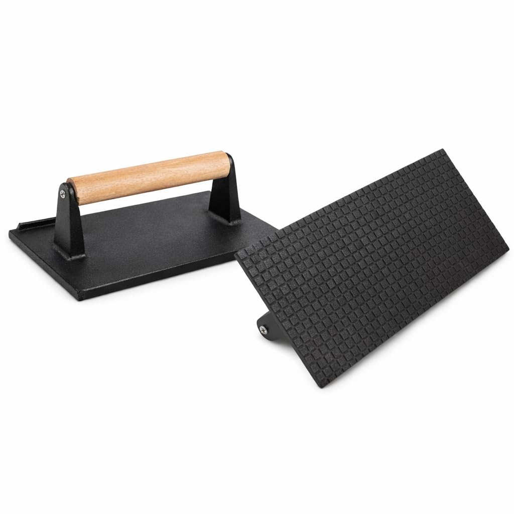 Cast Iron Steak Weight Grill Press with Deluxe Wooden Handle – Heavy Duty Heat-Retaining Meat & Burger Press for Steak, Bacon, BBQ & Griddle – Professional Kitchen Tool