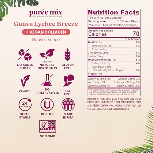 Image of Smartfruit Guava Lychee Breeze + Vegan Collagen- 100% Real Fruit Puree with Pink Guava & Lychee - Great for Smoothies, Juice, Yogurt, Cocktails, Teas & More - 48oz
