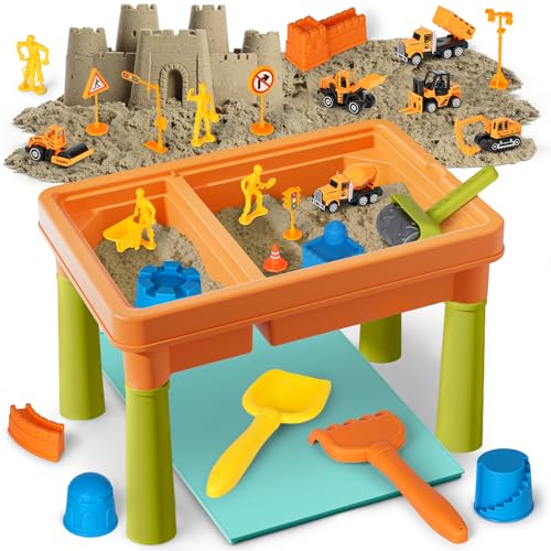 Lehoo Castle Sensory Table with Sensory Sand Indoor Sensory Bin with Lid & 2.6lbs Play Sand Construction Kit with 6 Alloy Trucks & Castle Molds Sensory Toys for Toddler Boys and Girls