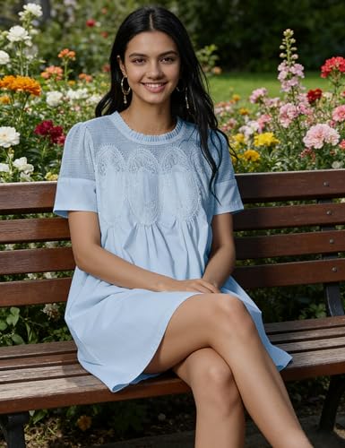 Image of Womens Summer Lace Mini Babydoll Dress Ruffled Collar Short Sleeve Loose Mesh Swing Elegant Flared Sundress