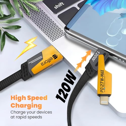 Image of Elfora 120W 4 in 1 Multi Function Braided Fast Charging Cable | Quad 1.5m Rugged Multi Function | Type C to USB A | Type C to Lightning | Compatible with iPhone, Macbook, Samsung, Tablets & More