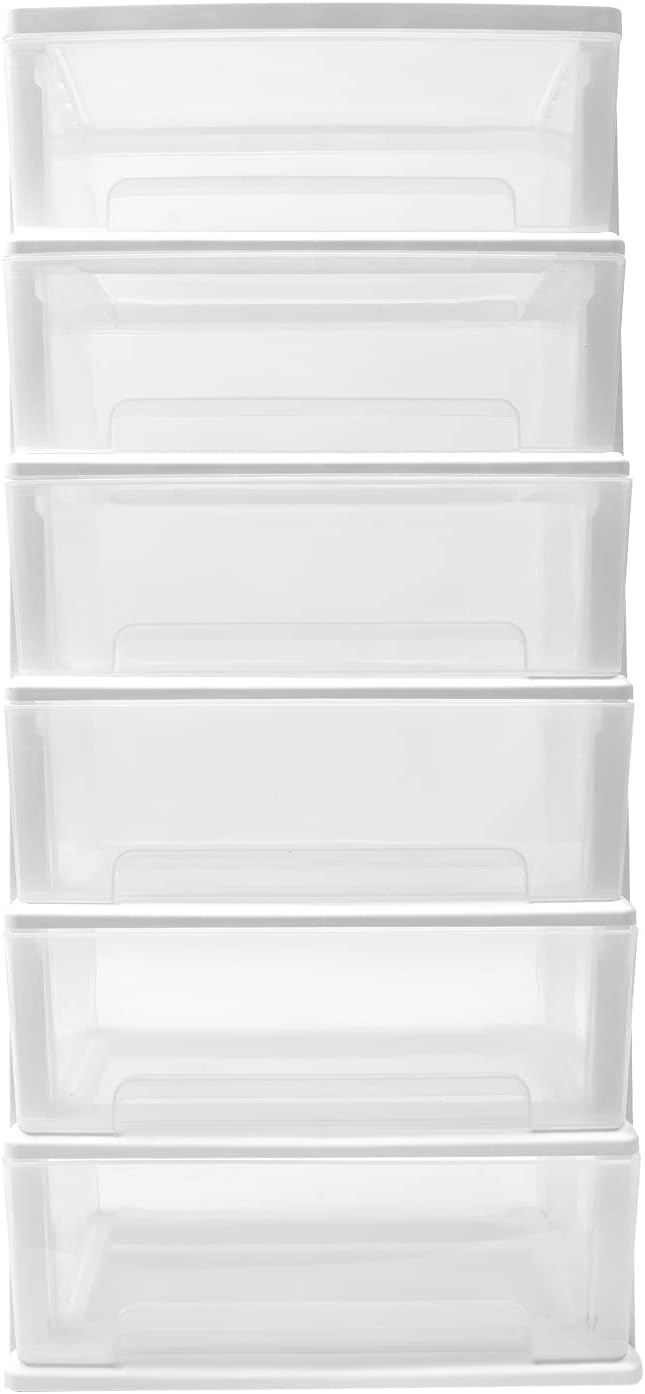 6 Clear Drawer Storage Organizer Rolling Cart, Plastic Drawer Organizer Foldable File Storage Cabinet for Office, Dorm, Desk, Countertop, Living Room (White+Clear)
