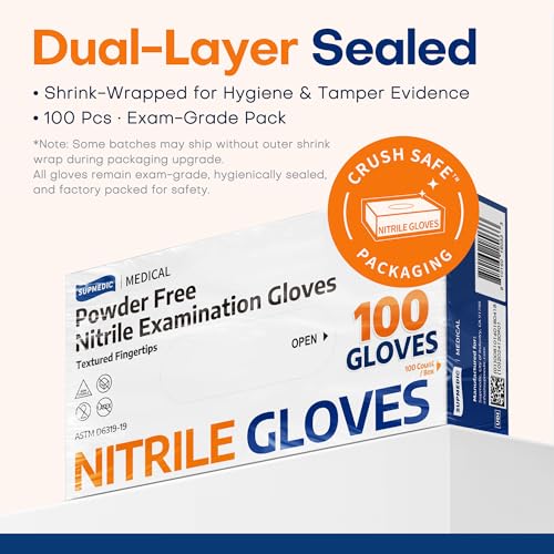 Supmedic Medical Nitrile Exam Gloves, Latex-Free, Powder-Free, Food Safe, Cooking Food Prep, Disposable Gloves, Blue, 100 Pcs (Medium)