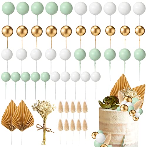 53 Pcs Boho Cake Topper Foam Balls Cake Toppers Mini Balloon Cake Toppers Palm Leaves Artificial Dried Flower Cake Toppers For Baby Shower Birthday Wedding Cake Decoration (Green,White,Gold) #TOP7