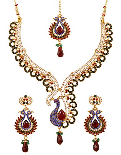 Touchstone Indian Bollywood Traditional Craftsmanship Mughal White Rhinestone Blue Faux Sapphire Designer Jewelry Wedding Necklace Set In Antique Gold Tone For Women.
