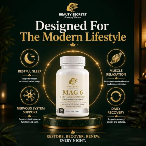 Image of Beauty Secrets Mag 6 - Full Spectrum Magnesium Supplement with Vitamin D3 & B6 | 6 Bioavailable Forms: Glycinate, Malate, Citrate, Oxide, Taurate & Aspartate | Root-Cause Support for Sleep, Calm & Energy | 60 Veg Capsules