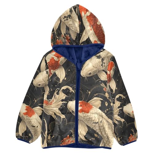 Koi Fish Pattern Toddler Fleece Jacket Girl Boys Hooded Fleece Jacket Coat Warm Outwear Zip-up 3-10T
