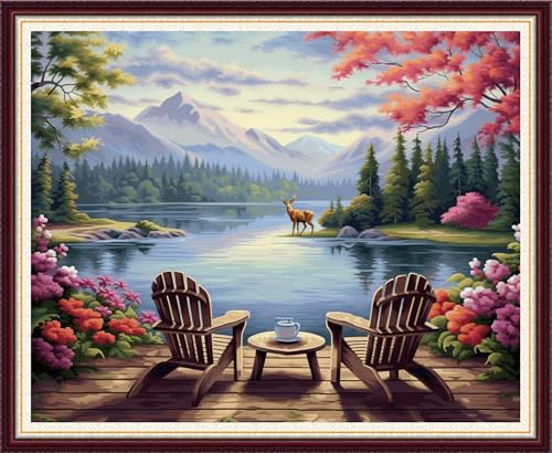 Image of Foxnyart Stamped Cross Stitch Kits Full Range of Embroidery Needlework Starter Kits for Beginners Adults 11CT Embroidery Patterns Art Crafts DIY Needlepoint Kit-Tea and Rest by the Lake 16x20 inch