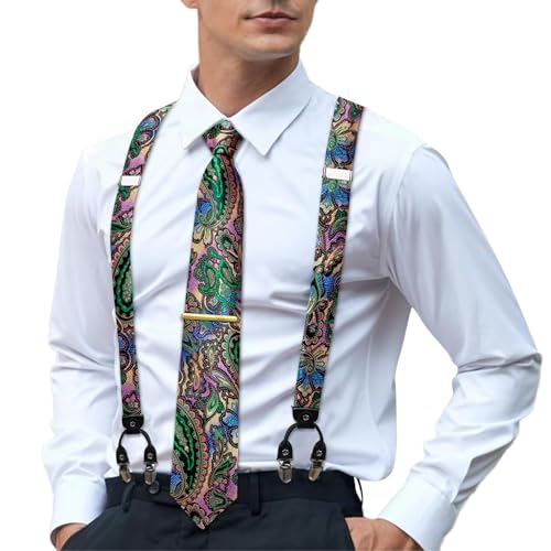Image of Hi-Tie Men's Suspenders and Tie Set Silk Adjustable Elastic Y Braces with Strong 6 Clips Pocket Square Set