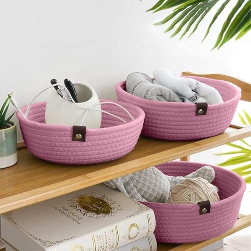 Image of 100% Natural Jute small box mini rope paper storage Round hamper baby nursery tray bucket for Living Kitchen, Office, Drawing Room,fruits, kitchen, office, Set of 3 (PINK)
