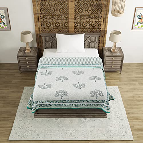 Image of BLOCKS OF INDIA Hand Block Printed Cotton Single Size Reversible Malmal Dohar for Summer (Green Tree), 300 TC