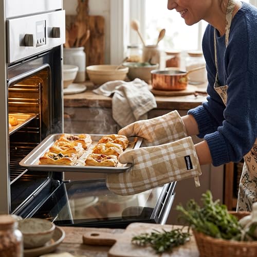 Image of Encasa XO Oven Gloves for Microwave (2 pc Set) - Heat Proof, Thick & Safe | Longer 18x30 cm Mittens for Protection in Kitchen Cooking & Baking - Franca Beige Checks
