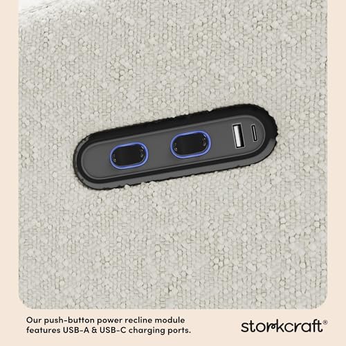 storkcraft santa monica power recliner swivel glider ivory boucle  effortless electronic power recline usb-a amp usb-c charger