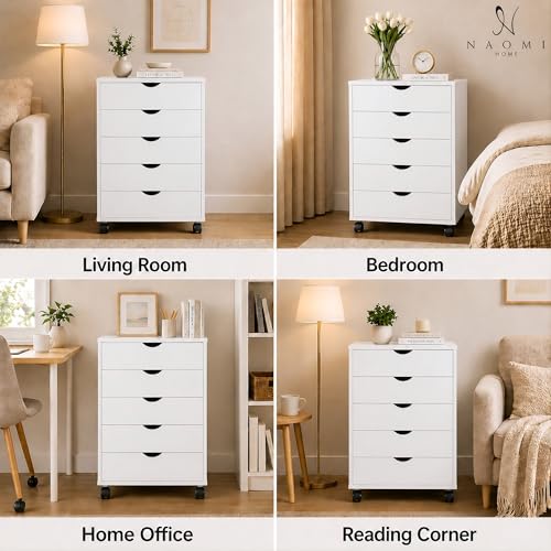 Image of Naomi Home 5 Drawer Storage Cabinet with Wheels White Wooden File Chest | Mobile drawer organizer with spacious storage, smooth-gliding drawers, and locking casters for home or office use.