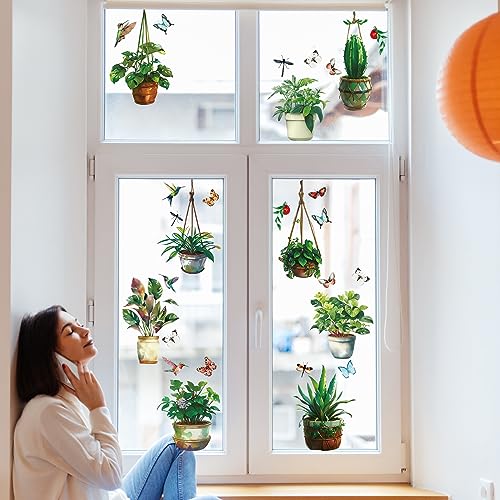 PLIGREAT 9 Sheets Hanging Potted Green Plants Window Stickers, Static ...
