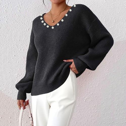 Womens V Neck Sweaters 2025 Trendy Casual Solid Color Long Sleeve Ribbed Knit Pullover Tops with Decorative Buttons3