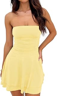 Women Sexy Ruched Strapless Tube Mini Dress Sleeveless Backless Tiered Layered Ruffle Hem A-Line Short Dress - Buy now