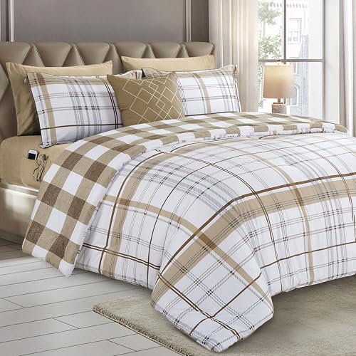 Image of Elegant Comfort 8-Piece Lodge Plaid Reversible Comforter Set - All Season Bed in a Bag, 4-Piece Sheet Set Featuring Smart Pockets, Matching Shams and Decorative Pillow, King /California King, Taupe