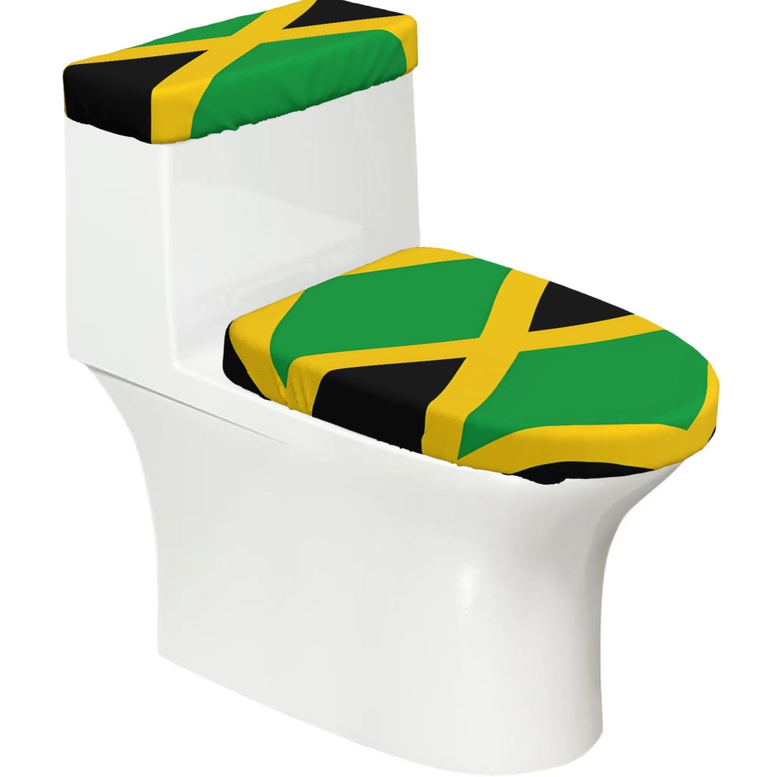 Wzycwb Black Jamaica Flag 2-Piece Toilet Seat Cover Set With Tank Lid, Elastic Fit For U-Shape & Elongated Toilets, Bathroom Decor, Housewarming Gift