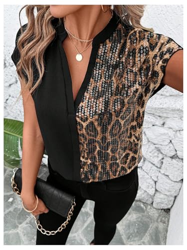 Milumia Women's Leopard Print Sequin Blouses Cap Sleeve Loose Fit Colorblock Shirt Tops2