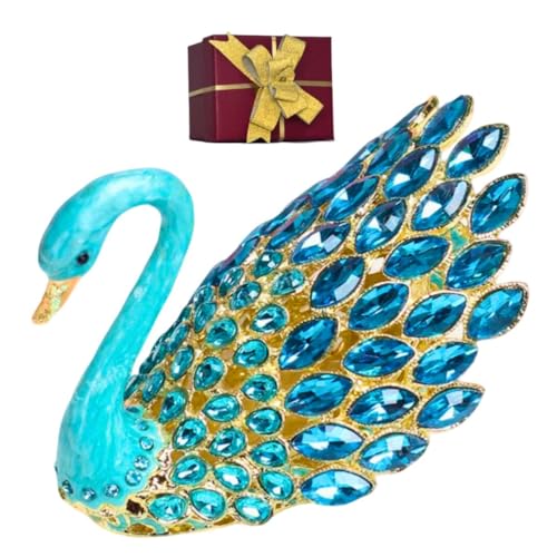 Image of YOOYOO Blue Swan Trinket Boxes With Gift Box and Pull Bows, Enamel Hinged Animal Jewelry Box, Kissing Bird, Handmade Painted Ring Holder Home Decor, Tooth Box With Lid, Pocket Travel Trinket Organizer