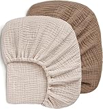 Pro Goleem Muslin Crib Sheets, 100% Cotton Crib Sheets for Boy Girl, 2 Pack Breathable Soft Neutral Baby Bed Sheets Set, Fits Standard Crib Mattress & Toddler Mattress 52'x28', (Brown＆Beige)