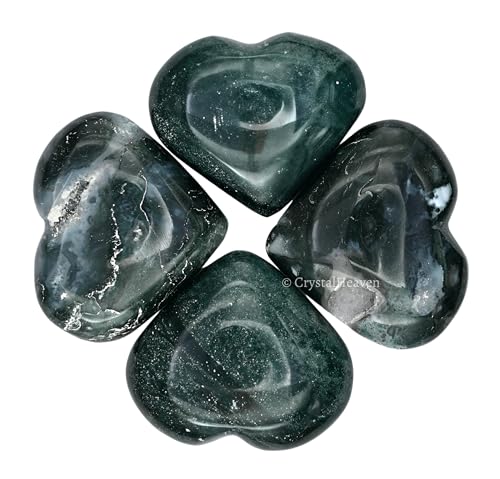 Image of Certified Moss Agate Crystal Heart Palm Pebbles Stones for Anxiety Stress Relief Massage - AAA Grade Original Healing Gemstone Agate Heart Palm Stone for Yoga Meditation Spiritual