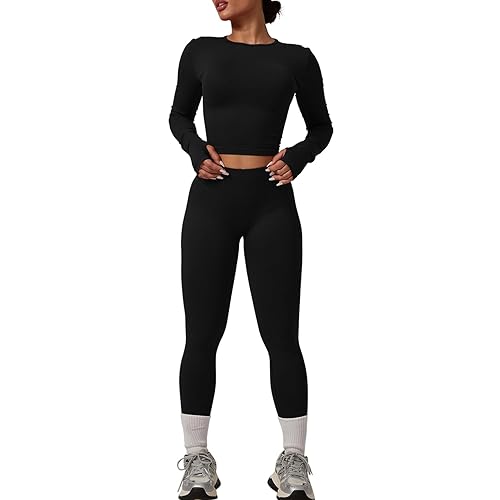 Workout Sets for Women 2 Piece Seamless Long Sleeve Top Hidden Scrunch Leggings Gym Outfits - Small - Black