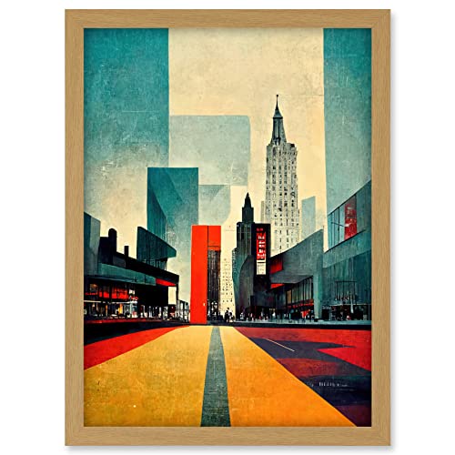 Doppelganger33 LTD Broadway New York City Street Modern Cityscape Artwork Framed A3 Wall Art Print, Framed Light Oak A3, 45.5L x 33W cm