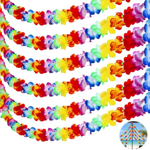 JULMELON 6 Pack Hawaiian Flower Garland 10 Feet Each Colourful Hibiscus Tropical Flower Lei Garland for Summer Luau Aloha Party Decorations Summer Beach Supplies