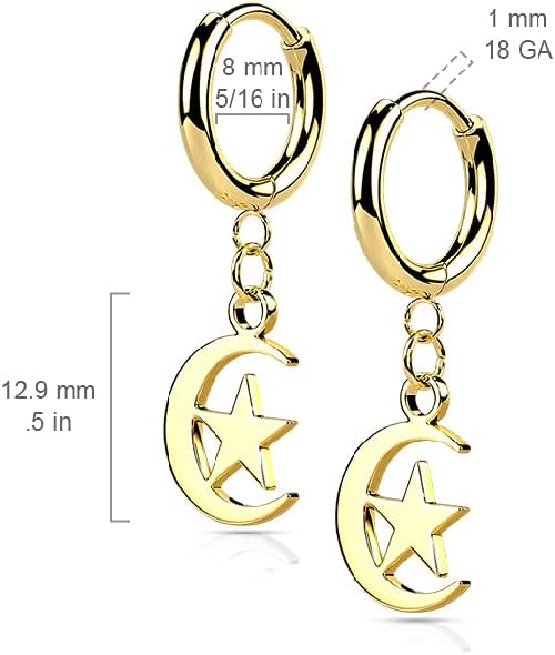 Pierced Owl - 18GA Hinged Hoops with Crescent Moon and Star Dangle 316L Surgical Stainless Steel Hoop Earrings, Sold as a Pair - Image 3