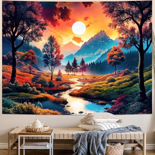 Obsecolors Sun Forest Mountain Tapestry Trippy Sun Tapestry Hippie Nature