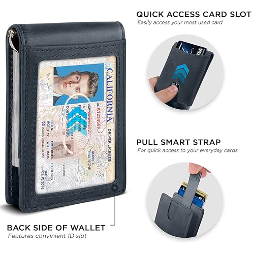 Image of Contacts Genuine Leather Money Clip Wallet Slim Front Pocket RFID Blocking Card Holder Minimalist Mini Bifold for Men's with Smart Pull Strap 8 Card Slots Photo ID (Blue)