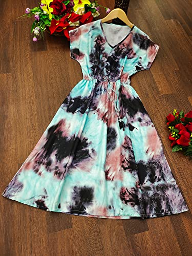 Image of Leriya Fashion Women's Tai-Dye Printed Mesh Rayon Lycra High V-Collar Neck Long Kurti Dresses for Women, A-Line Knee-Length Dress, Midi Western Dress for Women, Short Dress