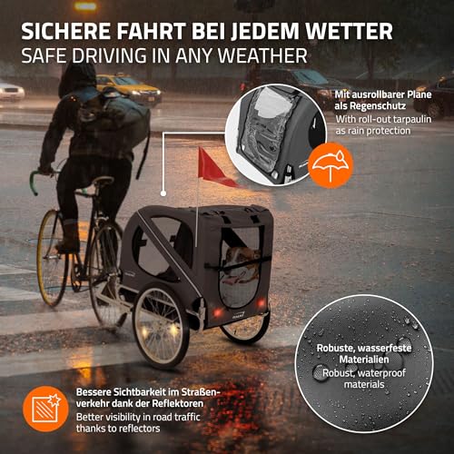 Hauki Fahrradanhänger & Hundebuggy 2 in 1 klappbar, Grau, 130x72x90 cm, Hundeanhänger für Hunde bis 40 kg, Anhänger mit Reflektoren, Leine & Flagge, Hundefahrradanhänger Hundewagen Hundetransporter