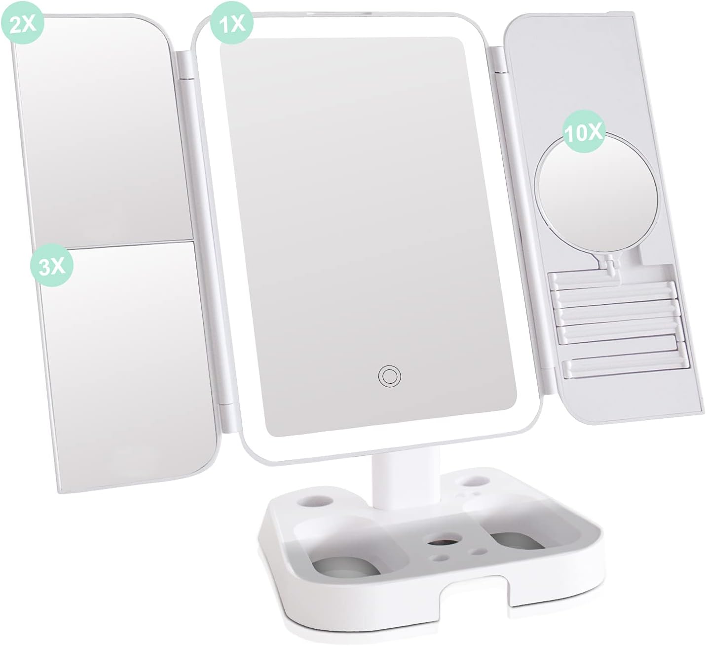 Ami 折りたたみ式メイクアップ化粧台ミラー ライト付き 72個のledライト 3色の照明 タッチコントロール ポータブルライトアップデスクミラー 拡大鏡付き 1x 2x 3x 10x ホワイト ガールフレンドへのギフトに Globaleee Org