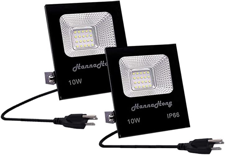 HANNAHONG 2 Pack 10W LED Flood Light with Plug,1000lm Super Bright Security Lights, IP66 Waterproof Outdoor Work Light, 6000K Daylight White Spotlight for Eave, Porch, Garage, Patio, Yard,Garden, Lawn