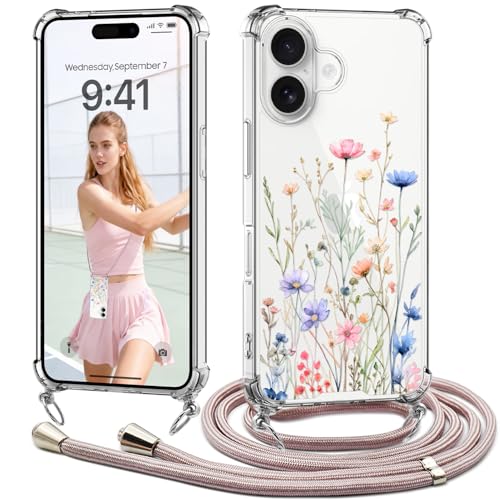 ChoosEU Handykette für iPhone 17 Clear Hülle mit Band Dünn Transparent Handyhülle zum Umhängen mit Blumen Muster Stoßfest Durchsichtig Schutzhülle mit Kordel Necklace Schnur Case Cover - Bunt Blume A