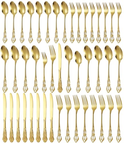 Duxivo Besteck Set, 40-teilig Besteckset für 8 Personen, Edelstahl Poliert Essbesteck, Elegantes Besteck mit Messer Gabel Löffel, Gold