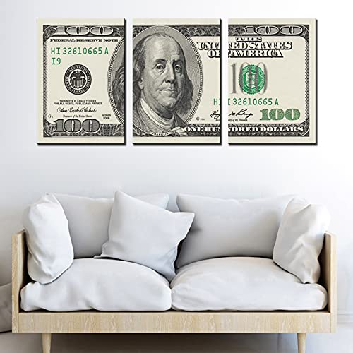 Image of Tucocoo 3 Panels Canvas Wall Art 100 Bill Dollar ​Cash Money Collection，Printing Poster for Home Decor and Office Living Room Artwork Framed Ready to Hang-42 inchX20 inch
